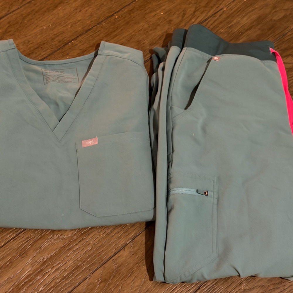 Figs Teal Scrub Tops with Pink Accent